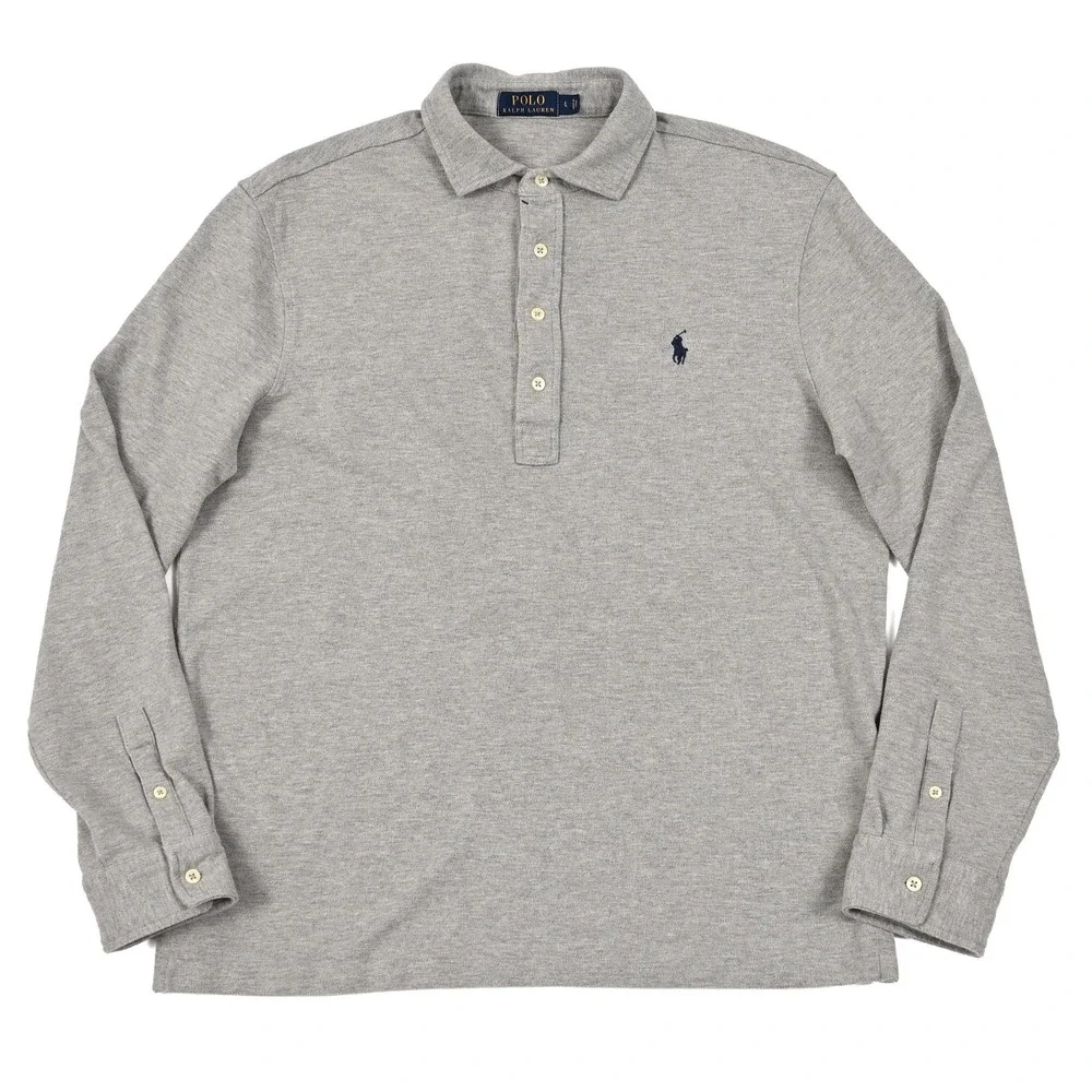 Polo Ralph Lauren Minimalist Men's Large Grey Mesh Long Sleeve Polo Shirt Preppy